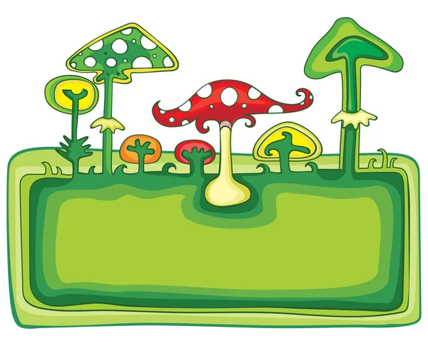 Vetor Desenho Animado Cogumelo Verde Com Cogumelos Grama Isolada Fundo — Vetor de Stock