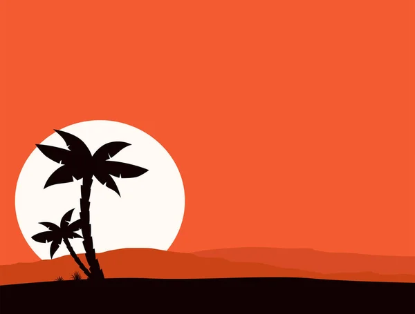 Palme Und Sonnenuntergang Ikone Vektorillustration — Stockvektor