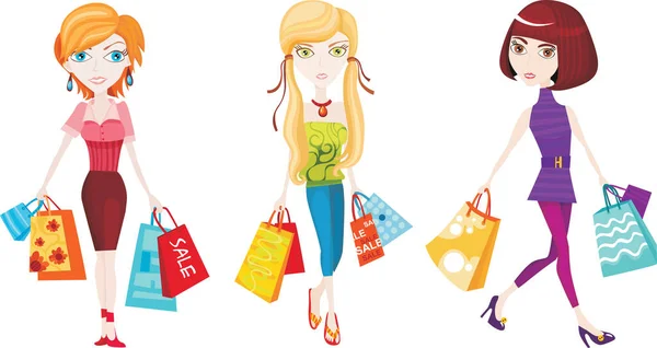 Set Beautiful Girls Shopping — Stock Vector
