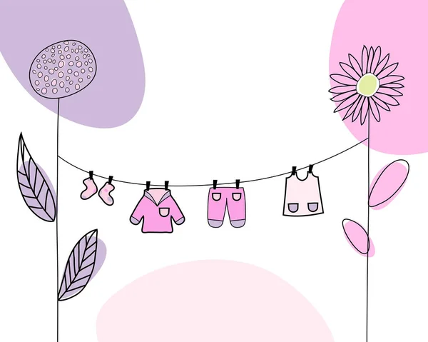 Cute Baby Shower Karty Ubrania Dziecka Dziewczynka Wektor Ilustracja Stylu — Wektor stockowy