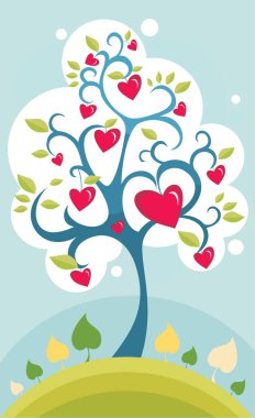 ağaç, kalp ve çiçekli vektör illüstrasyonu