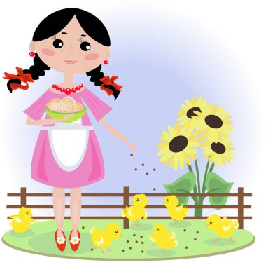 Çiçek ve yumurta taşıyan bir kızın resmi