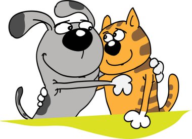 Sevimli bir köpeğin büyük bir patiye sarılıp sarılmasının çizgi film çizimi.