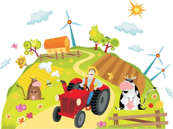 Zemědělská Krajina Zvířaty Vektorová Ilustrace — Stockový vektor