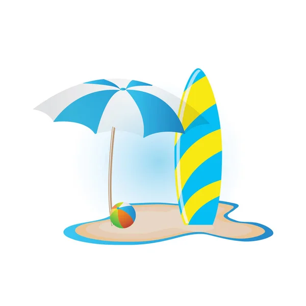 带冲浪板和球的海滩伞 — 图库矢量图片
