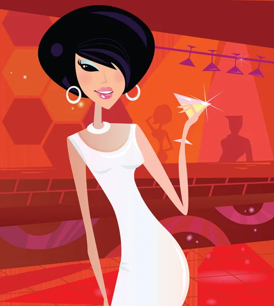 Illustration Einer Partyfrau Mit Einem Cocktail — Stockvektor