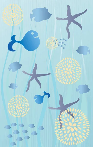 青い水の上の魚のシルエットのセット — ストックベクタ