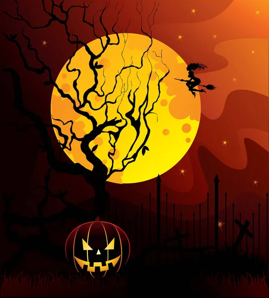Noite Halloween Com Lua Cheia Árvore Ilustração Vetorial — Vetor de Stock