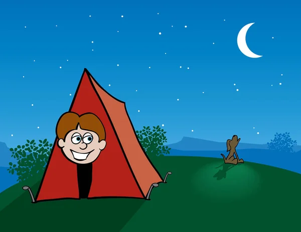 텐트와 빨간색 텐트와 빨간색 의상에 소년의 캐릭터 — 스톡 벡터