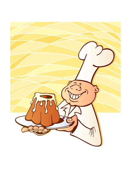 厨师的卡通画是拿着一大盘煎蛋和一个叉子 被白色的背景隔开 — 图库矢量图片