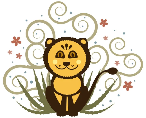 Mignon Lion Animal Avec Des Fleurs Dessin Animé Vectoriel Illustration — Image vectorielle
