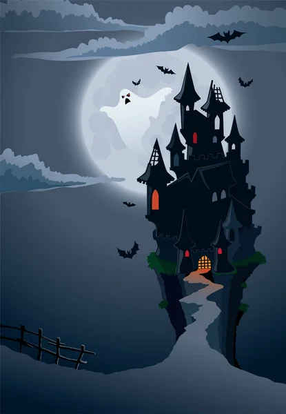 Halloween Sfondo Notte Con Castello — Vettoriale Stock