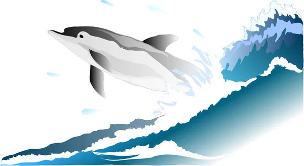 Delfiny Skaczące Falach Morskich Ilustracja Wektora — Wektor stockowy