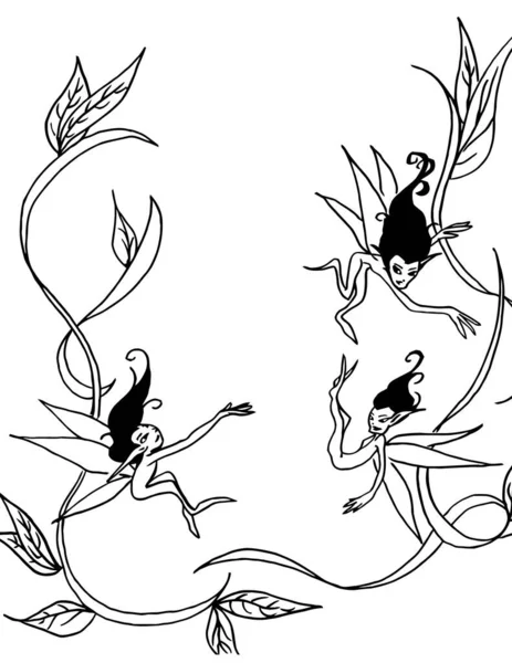 Ilustración Con Aves Flores Blancas Negras Aisladas Sobre Fondo Blanco — Archivo Imágenes Vectoriales