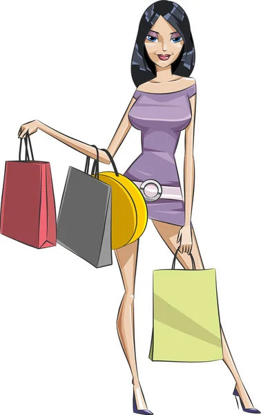 Mujer Con Bolsas Compras Coloridas — Vector de stock