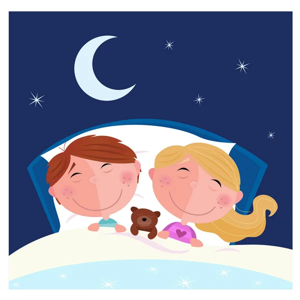 Векторная Иллюстрация Дети Дети Спальной Кровати Ночная Луна — стоковый вектор
