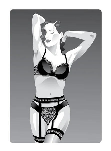 Jeune Belle Brune Sexy Lingerie Illustration Vectorielle Noir Blanc — Image vectorielle
