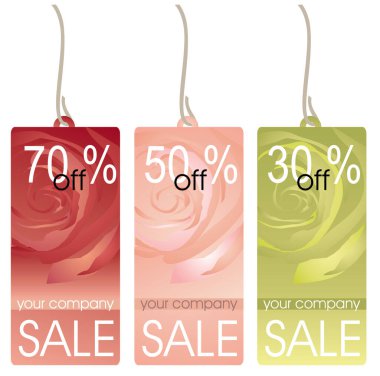 Satılık üç renkli kağıt etiket ve güzel bir çiçek deseni.