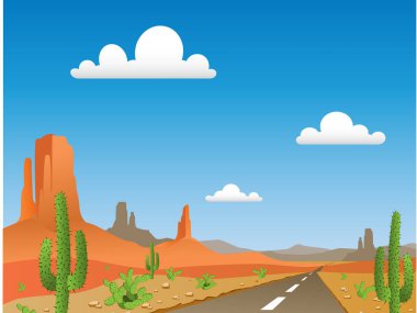 Çöldeki yol, doğanın manzarası, vektör illüstrasyonu