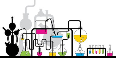 Laboratuvar vitrinleri, renkli sıvı test tüpleri.