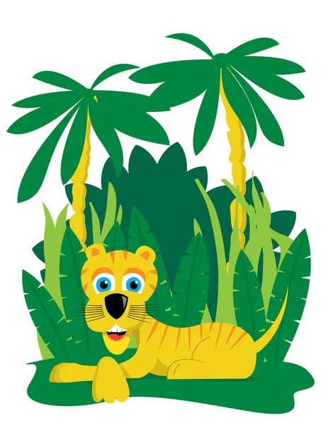 Ilustracja Wektorowa Tygrysa Kreskówkowego Liśćmi Palmy — Wektor stockowy