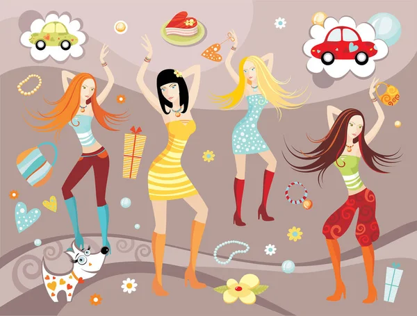 Young Stylish Girls Dancing Vector Illustration — Stock Vector