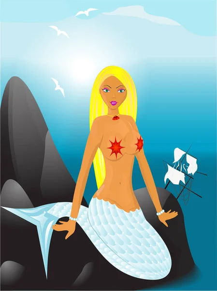Illustration Der Meerjungfrau Auf Meeresfelsen — Stockvektor