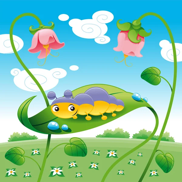Illustration Cute Cartoon Caterpillar Green Leaf — Stock Vector
