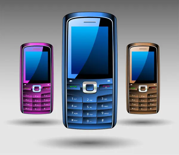 Три Мобільні Телефони Білому Тлі — стоковий вектор