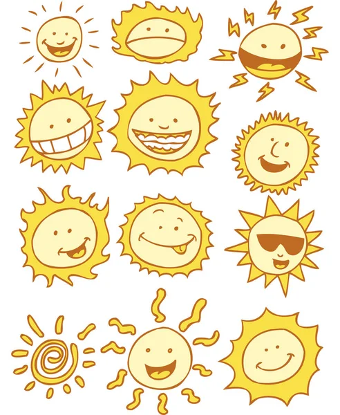白い背景に隔離された異なる笑顔の太陽のアイコンのセット — ストックベクタ
