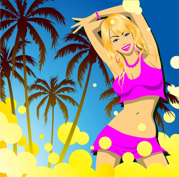 Mädchen Tropischen Strand Vektor Illustration — Stockvektor