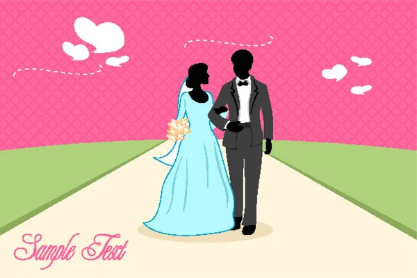 Trouwkaart Met Bruid Bruidegom Het Park Roze Achtergrond — Stockvector