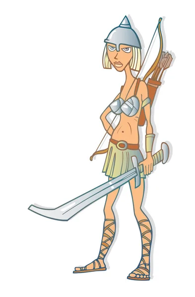 Warrior Girl Sword Bow Illustration White Background — Stock Vector