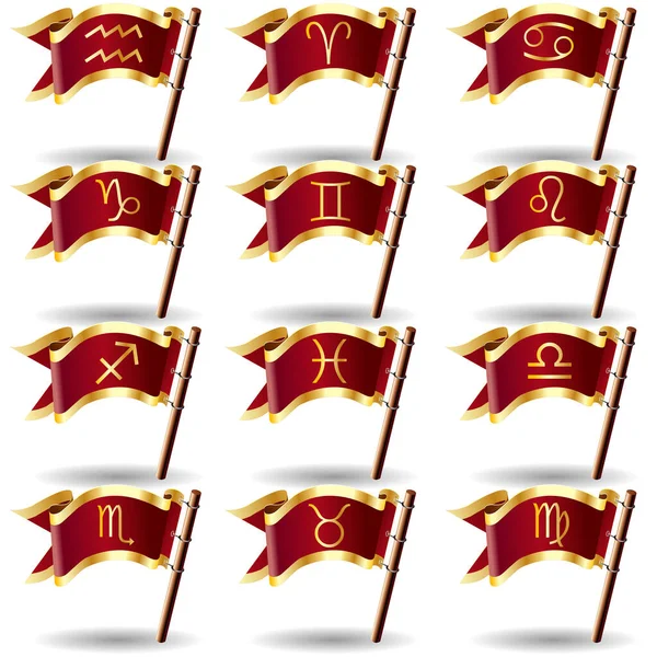 Collection Des Symboles Zodiaque Sur Les Drapeaux Rouges — Image vectorielle