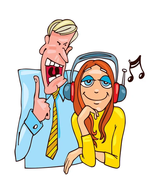 Cartoon Man Yelling Woman Listening Music — Stock Vector