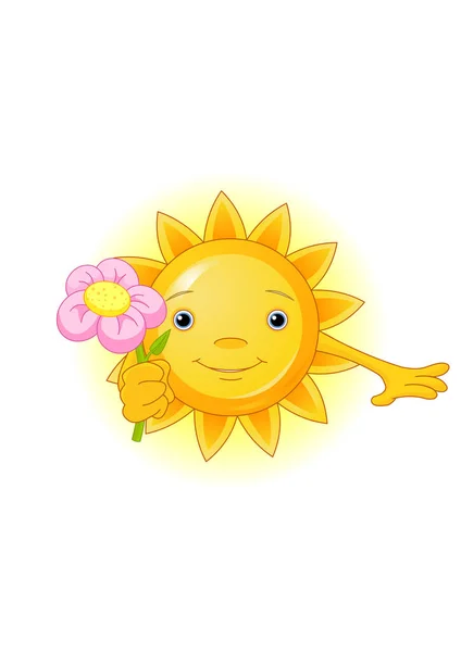 Cartoon Illustration Cute Sun Character Holding Flower — Stock Vector