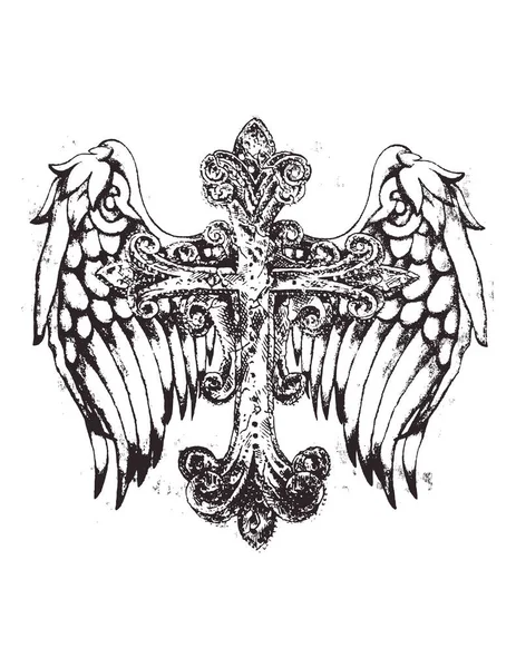 Διανυσματική Απεικόνιση Ενός Τατουάζ Φτερά Και Σταυρό — Διανυσματικό Αρχείο