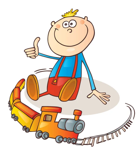 Иллюстрация Маленький Мальчик Играет Игрушечным Поездом — стоковый вектор