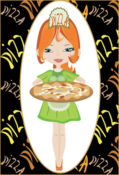 一个带着披萨的年轻漂亮的姑娘 — 图库矢量图片