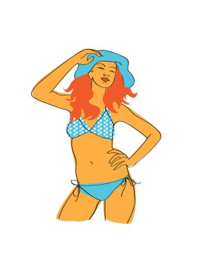 Bikinili, şapkalı güzel bir kadın.