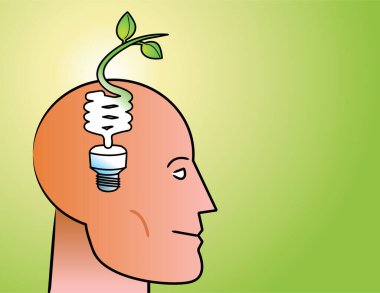 İnsan kafasındaki ampul. Çevre dostu fikir kavramı.