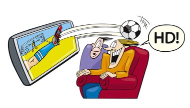 Futbol taraftarlarının televizyon izlediği karikatür illüstrasyonu