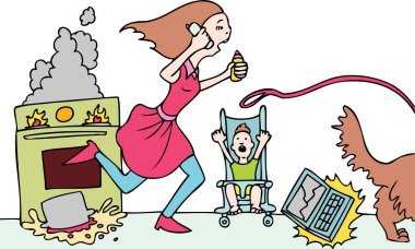 Kadın ve köpek elektrikli süpürgeyle