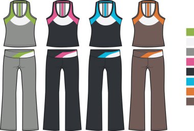 Beyaz arka planda izole edilmiş renkli kadın spor kıyafetleri.