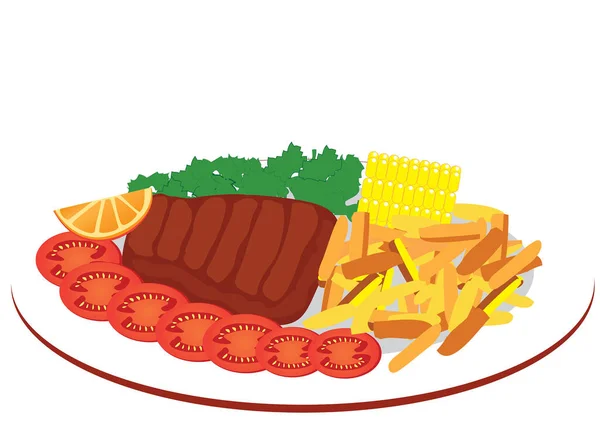 Steak Avec Frites Sur Fond Blanc — Image vectorielle