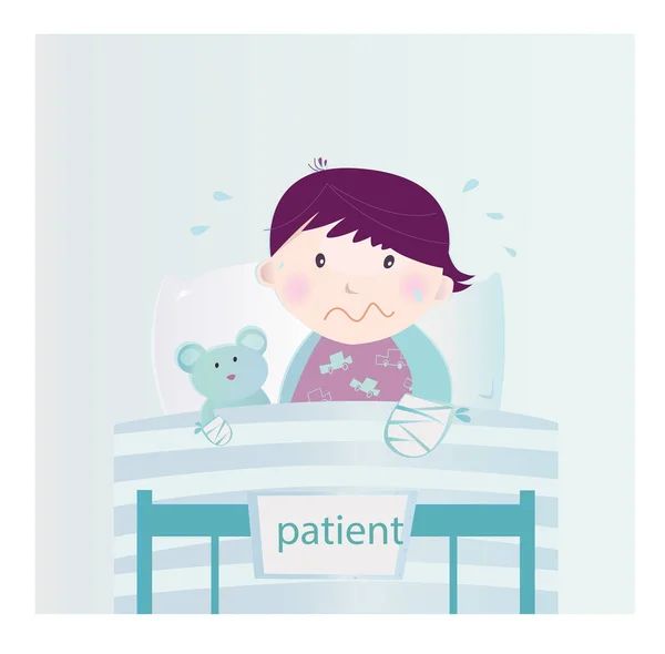Cute Sick Boy Sitting Hospital — Stock Vector