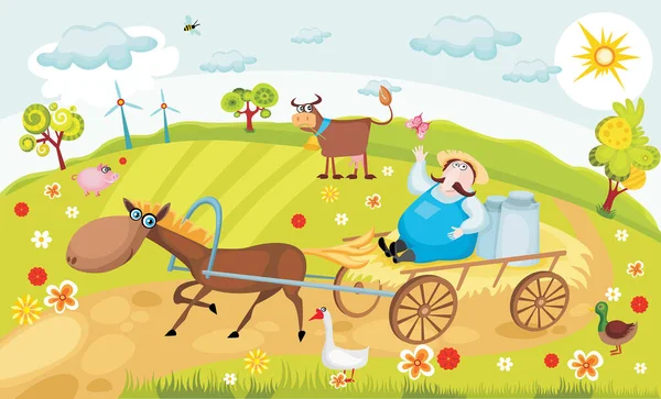Farm Landscape Cartoon Animal — Stock Vector