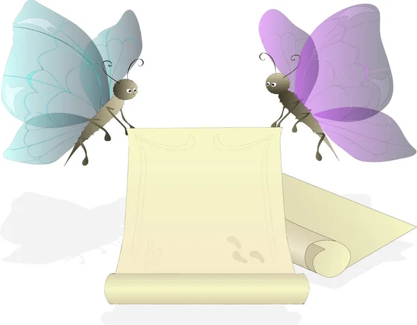 Vector Illustratie Van Twee Vlinders Met Een Papieren Rol — Stockvector