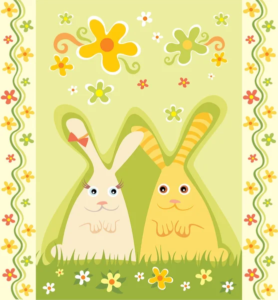Cute Cartoon Rabbits Flowers Grass — Stock Vector