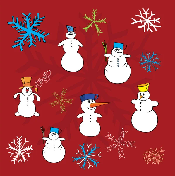 Schneemänner Schneeflocken Vektor Illustration Für Grußkarte — Stockvektor